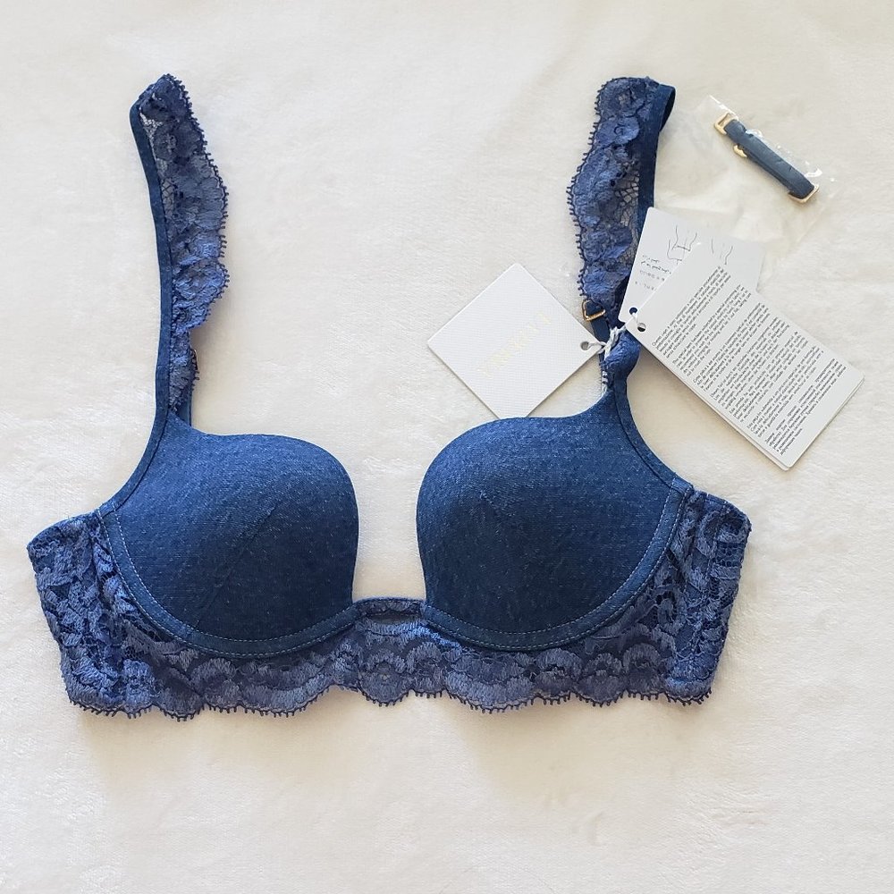 La Perla Denim Blue Push-Up Bra with Leavers Lace Trim